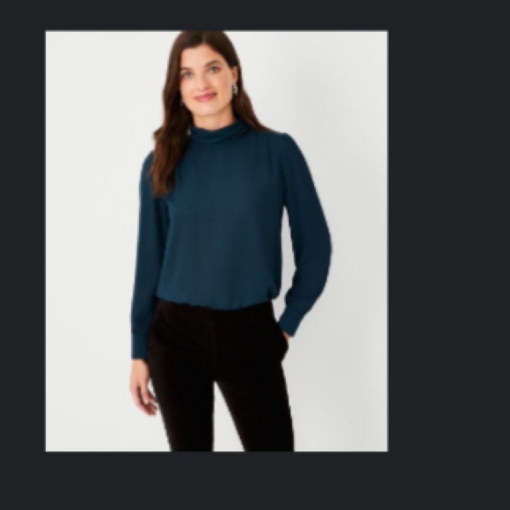 Ann Taylor Petite Shirred Mock Neck Top in Midnight Spruce Size M